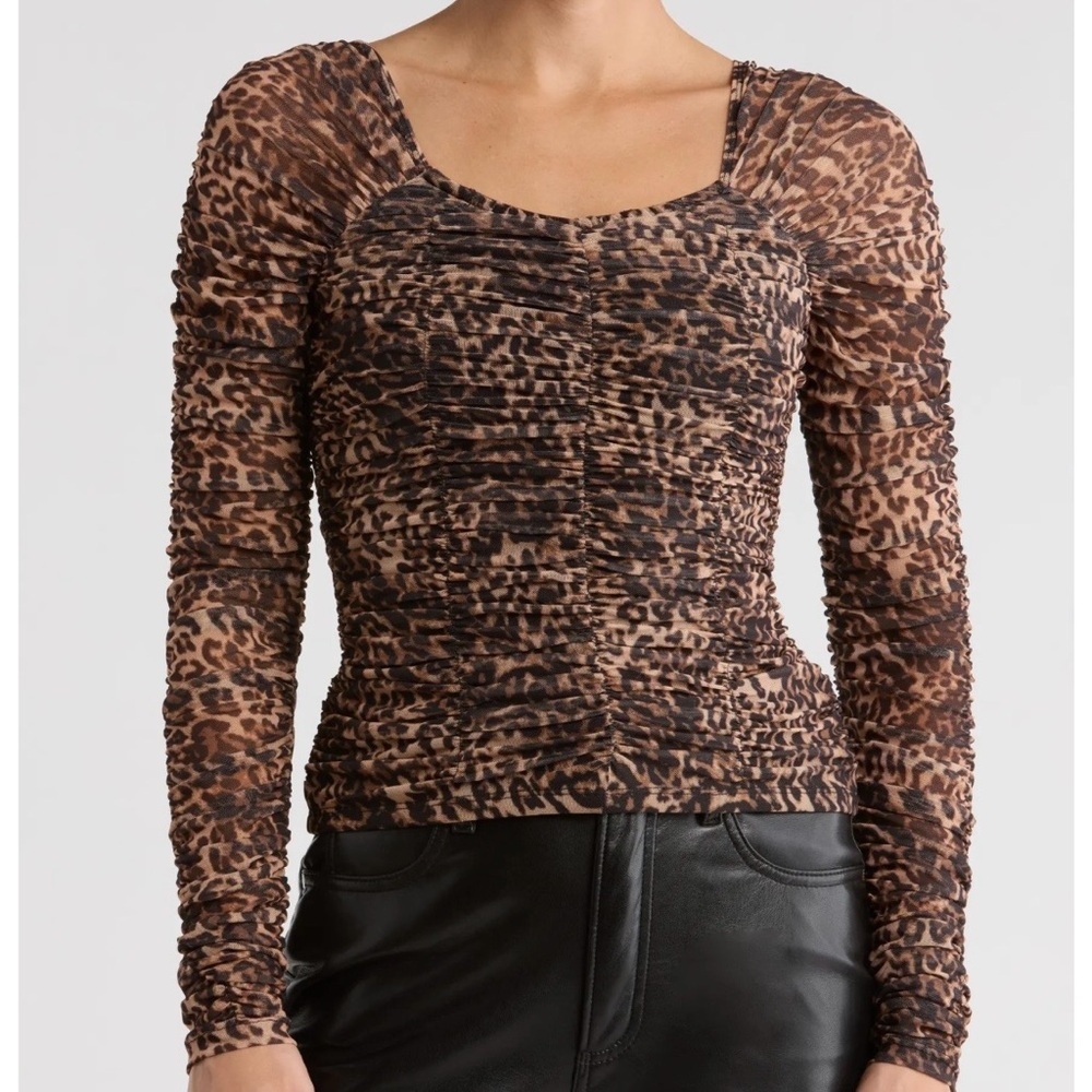Muse Leopard Ruched Long-Sleeve Top - Brown/Black Small NWT